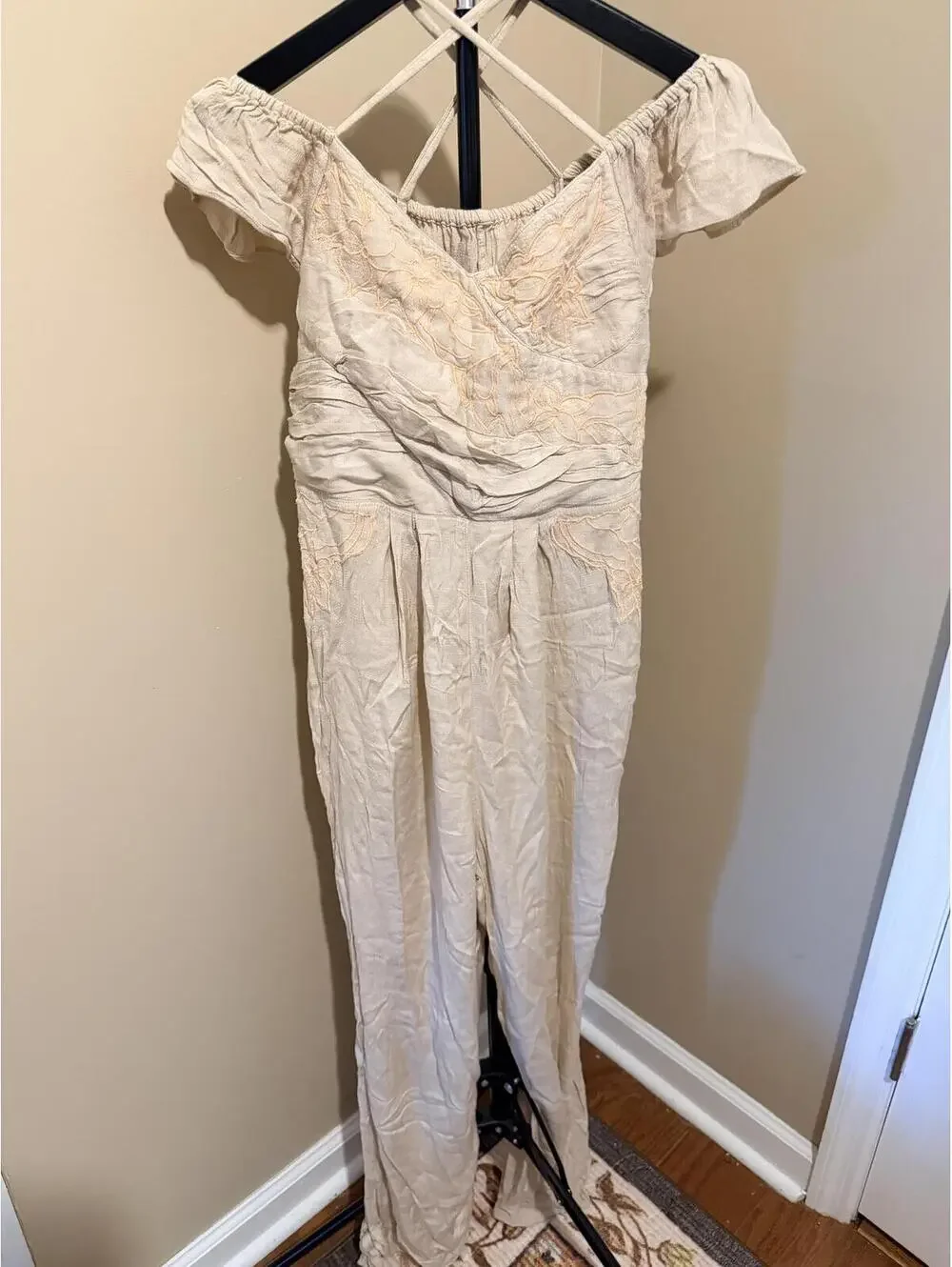 Free People Embroidered Off Shoulder Jumpsuit Beige Size 6